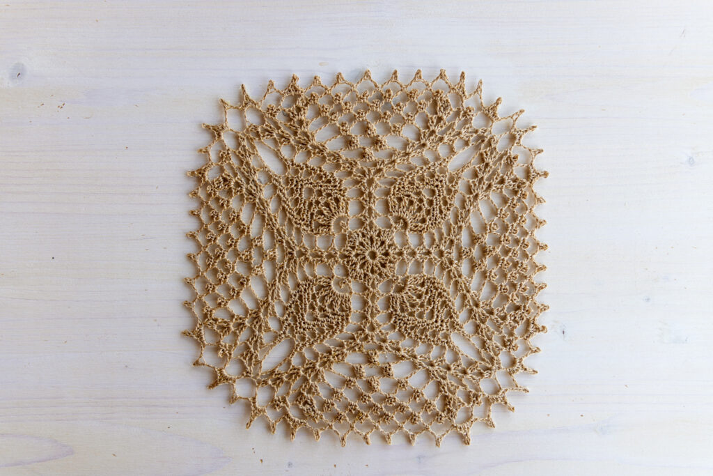 Light brown and gold square crochet doily, 22x22 cm
