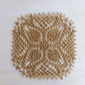 Light brown and gold square crochet doily, 22x22 cm