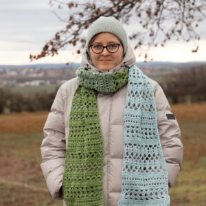 Blue and green crochet scarf, 240 x 21 cm