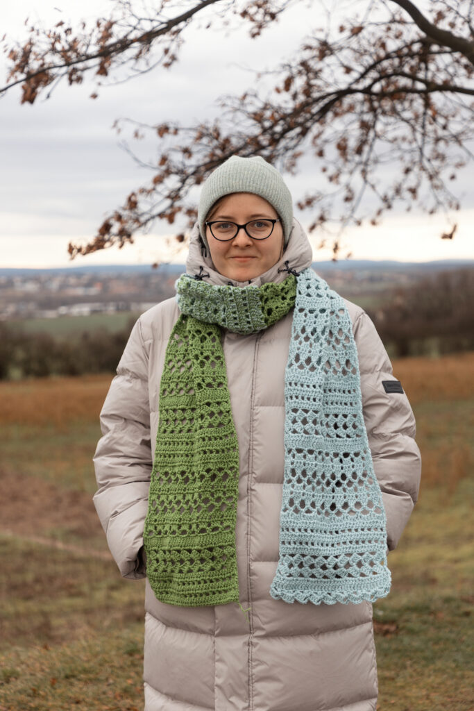Blue and green crochet scarf, 240 x 21 cm
