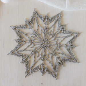 Amazing crochet snowflake Romana in silver color, 22 cm