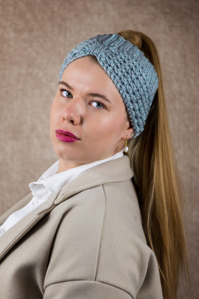 Amazing blue crochet headband, 53-56 cm