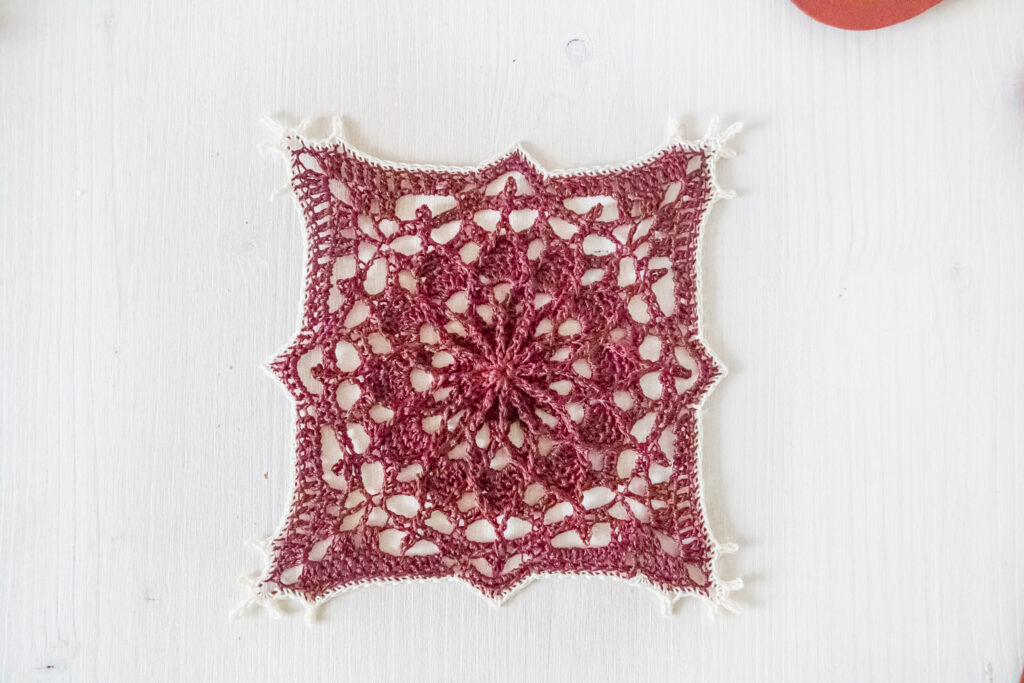Bordó red crochet doily, 7.5 in