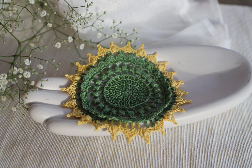 Yellow Green crochet coaster Tatiana, by Olga Shalaeva gull808, 13 cm