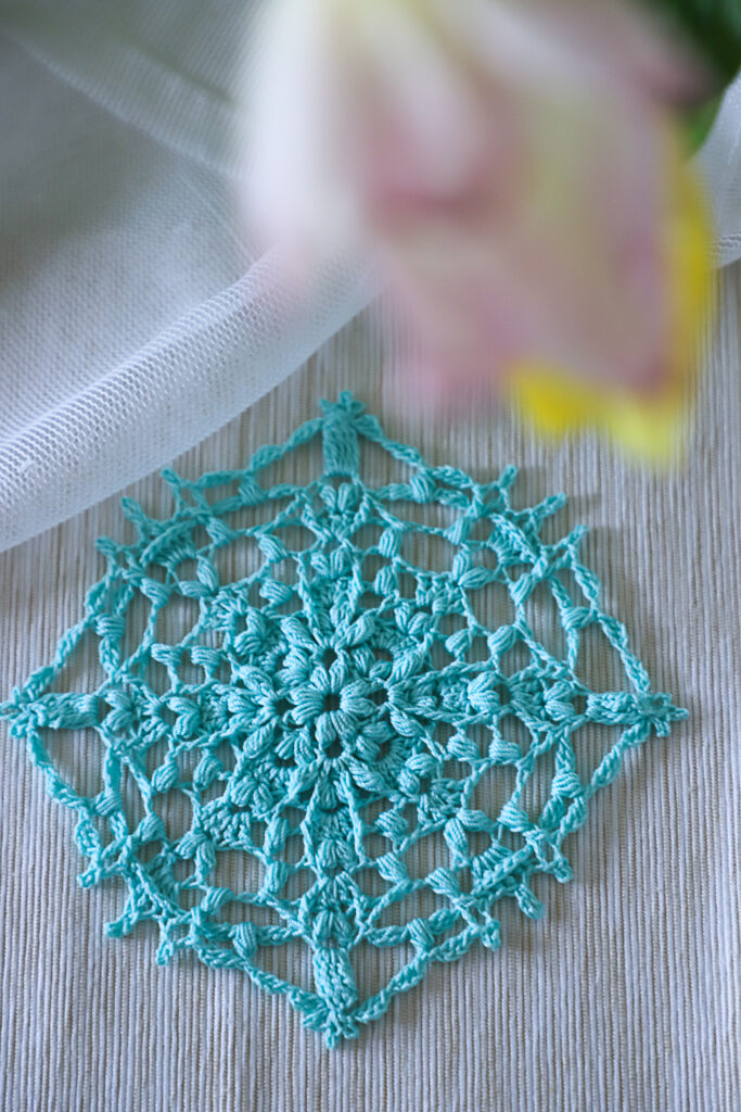 Teal blue crochet doily Alida, by Olga Shalaeva, 14 cm
