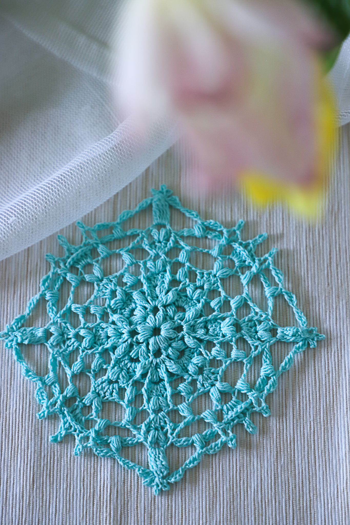 Teal blue crochet doily Alida, by Olga Shalaeva, 14 cm