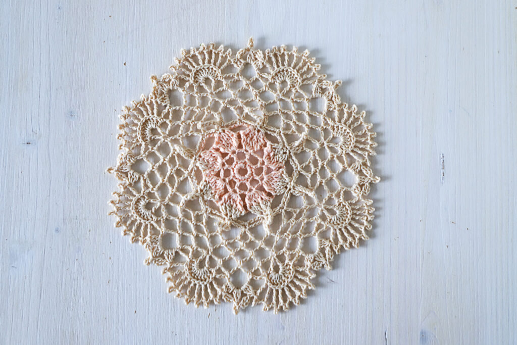 Pumpkin spice latte, crochet doily, by Olga Shalaeva